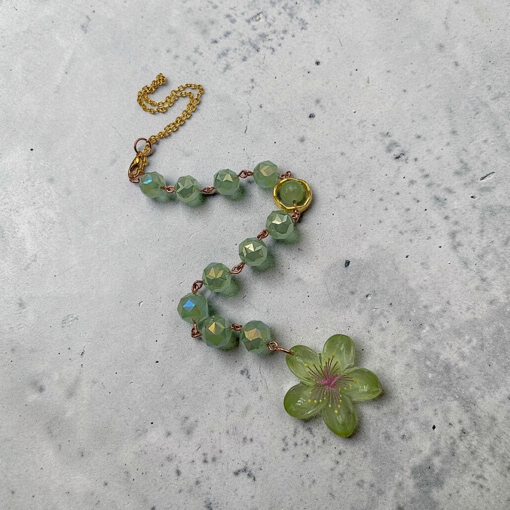 Green Flower Car Charm with Faceted Glass Beads - Handmade - Picture 2 of 5